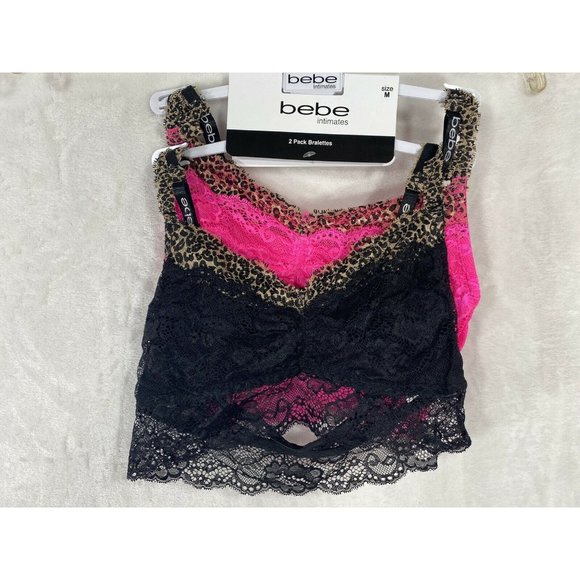 Bebe 2 Pack Black Pink Lace Bralette NWT MSRP  Medium Leopard Animal Print - Picture 4 of 5